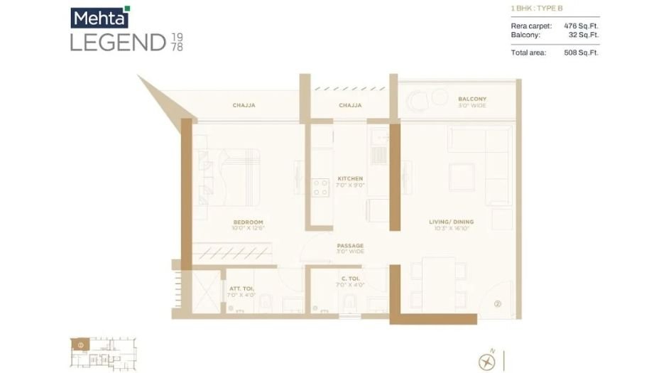 Mehta-LEGEND-1978-Floor-plan-1BHK-508 Sqft-Type B